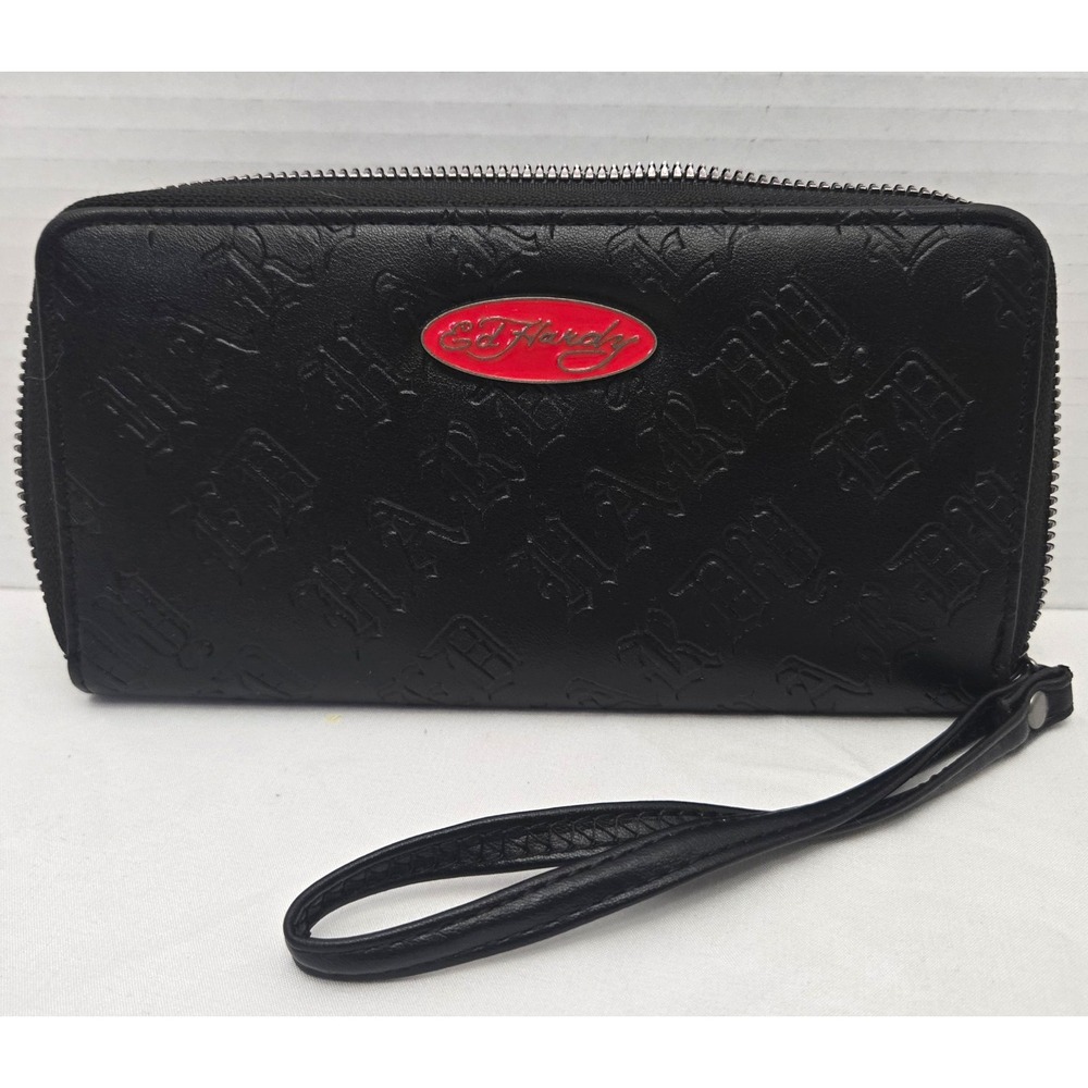 Ed Hardy Black Embossed Zip-Around Wristlet Wallet Excellent Condition Red Logo